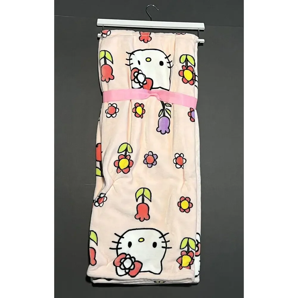 Hello Kitty Throw Blanket Spring Easter Flowers Pink Plush Fleece 50” X 70” PINK